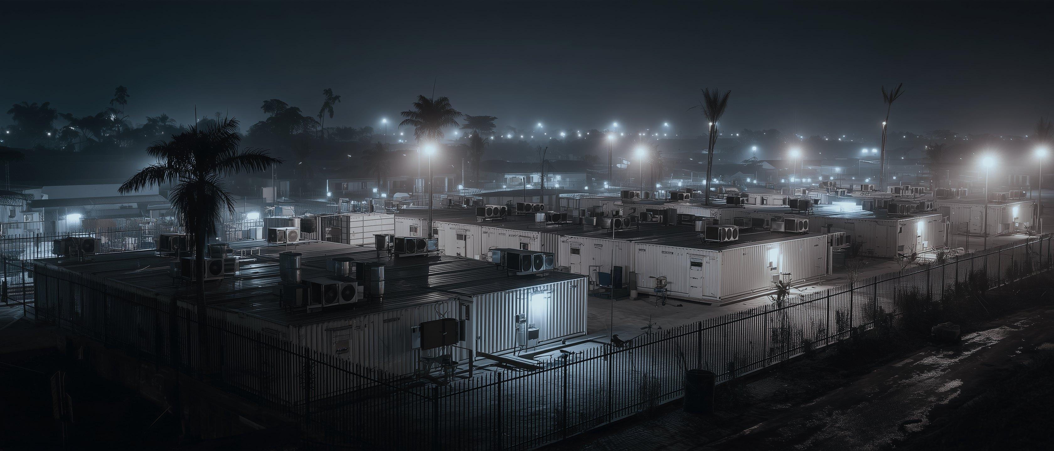 A compound of server containers at night